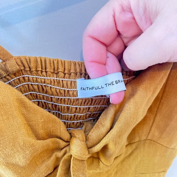 Faithfull The Brand Womens XS Mustard Linen Midi Dress With Bow & Button Detail - Picture 2 of 6